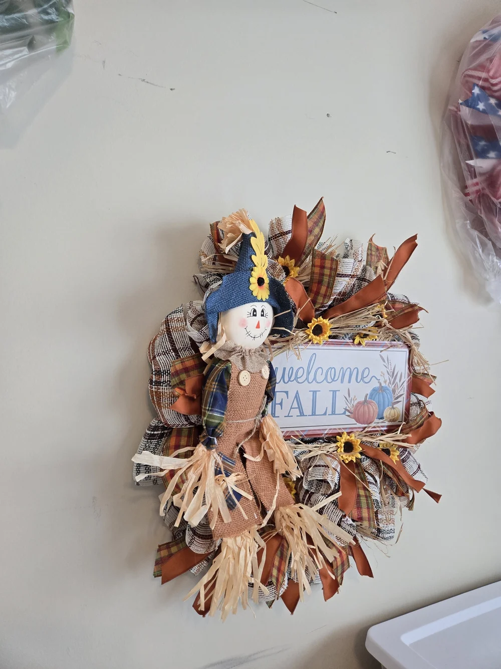Welcome Fall Scarecrow Wreath with Orange & Blue Accents